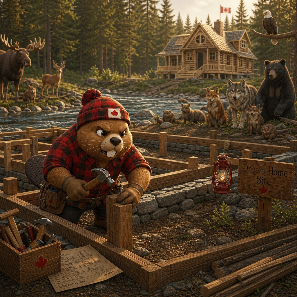 The Royal Canadian Beaver stands before the restored lodge, receiving admiration from the forest after his comeback.