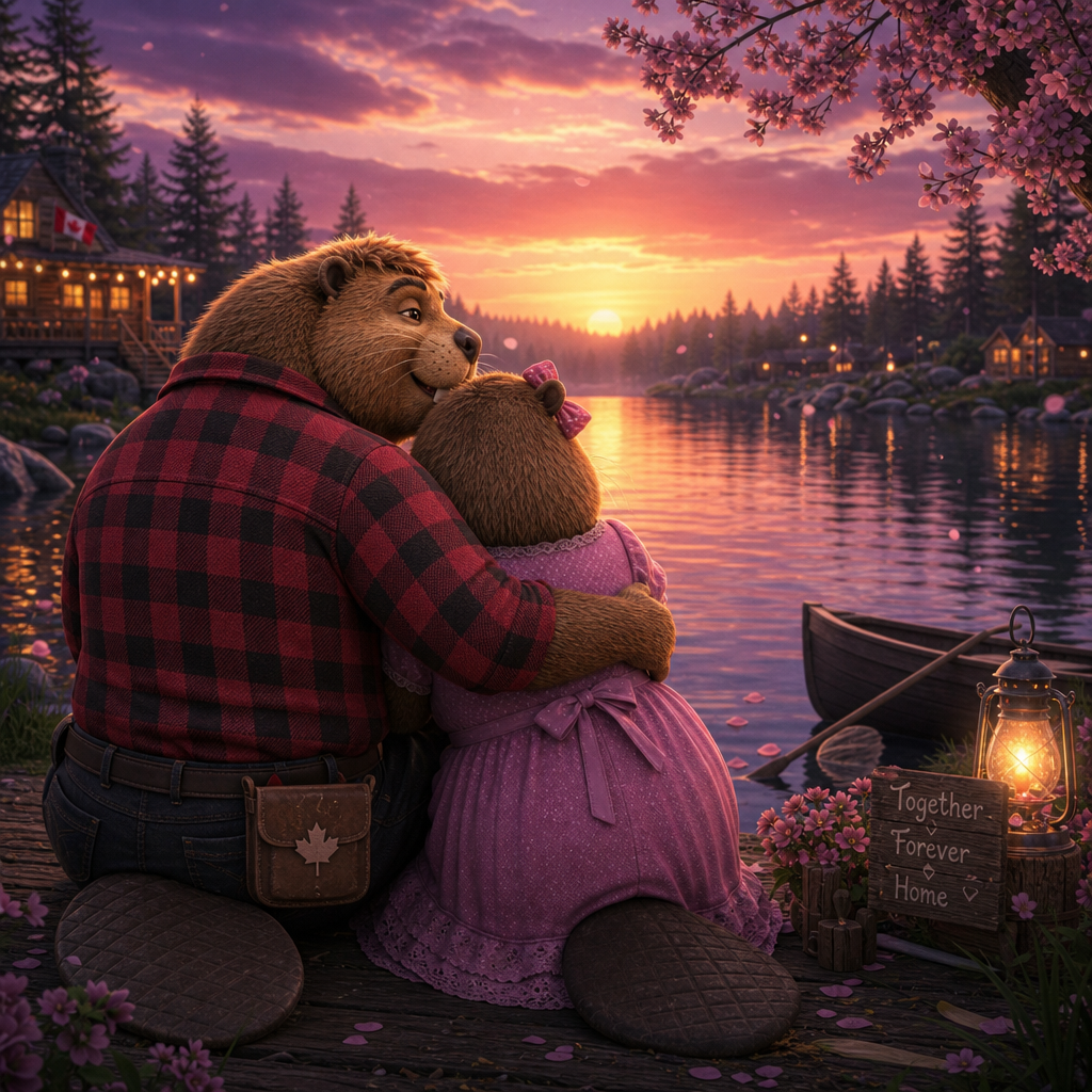 The Royal Canadian Beaver finds his true companion beside the river under a golden late‑afternoon light