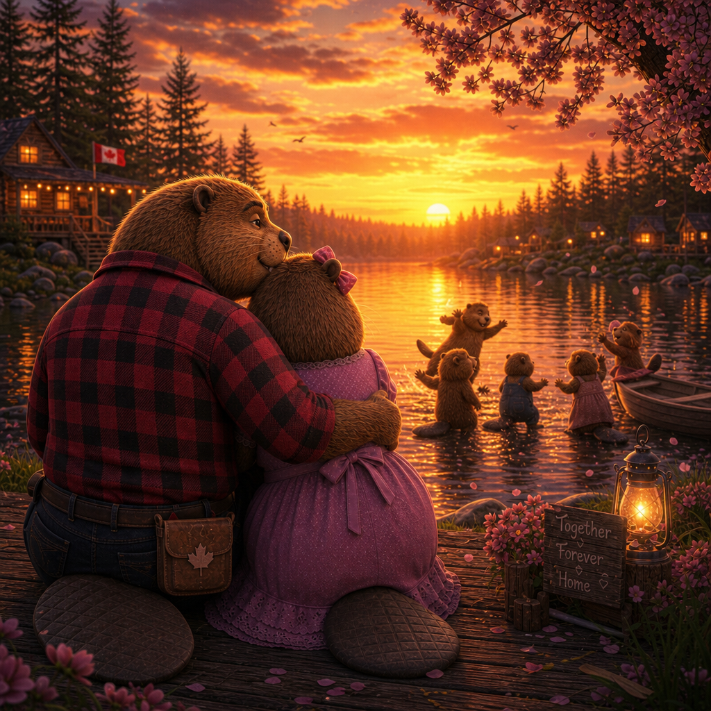 An old Royal Canadian Beaver sits on the lodge porch at sunset, his mate at his side while their children play nearby.