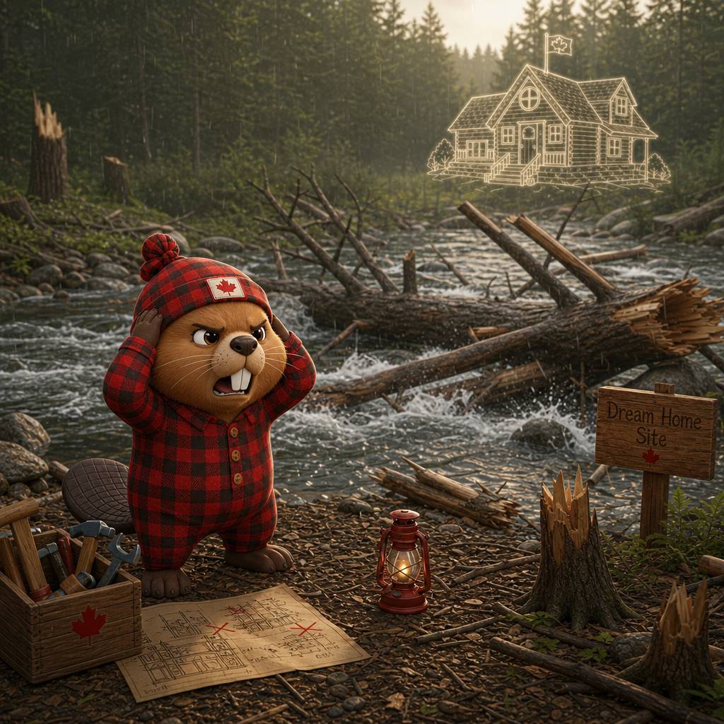 The Royal Canadian Beaver faces disaster as a sudden storm and rising river overwhelm his nearly finished lodge.