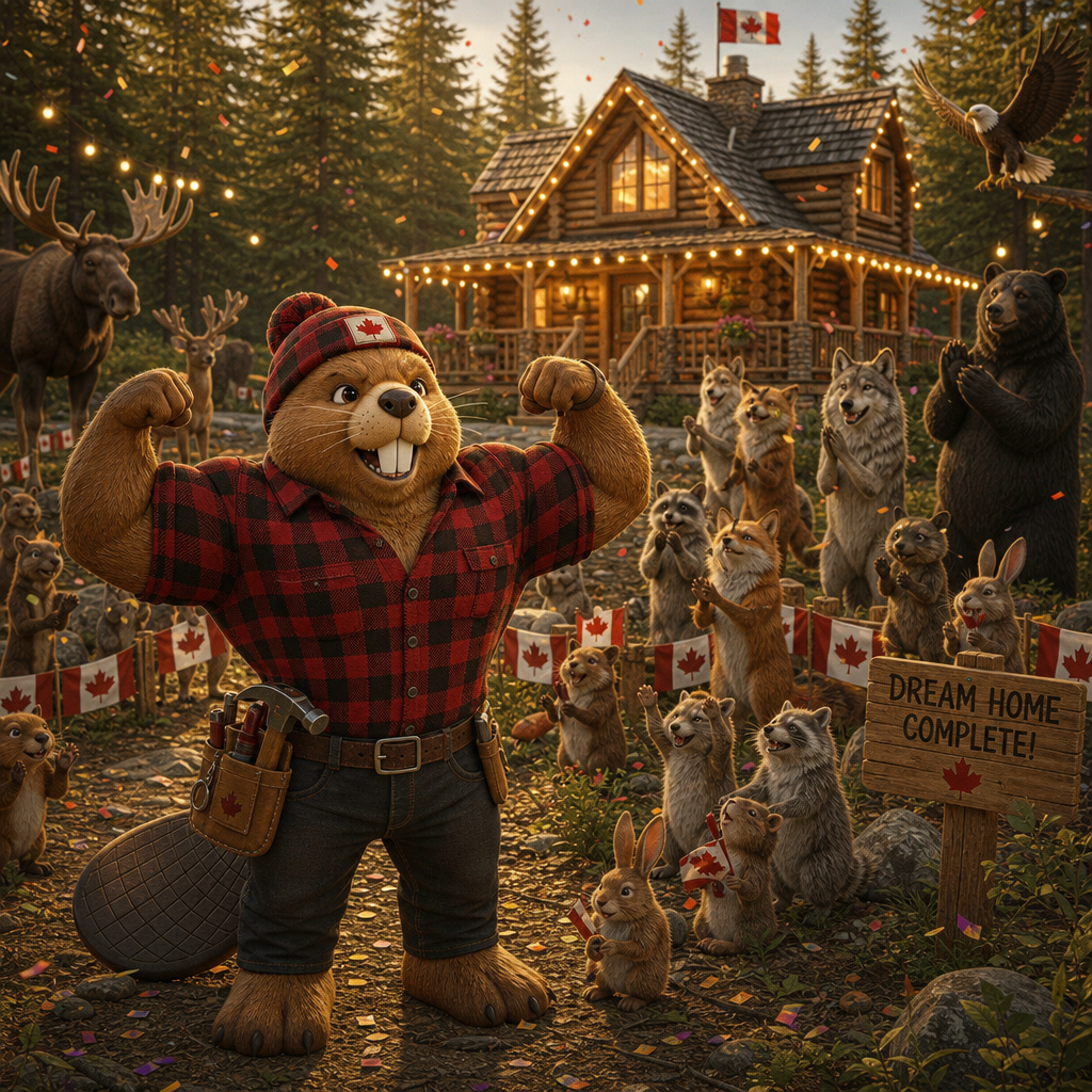 The Royal Canadian Beaver stands before the restored lodge, receiving admiration from the forest after his comeback
