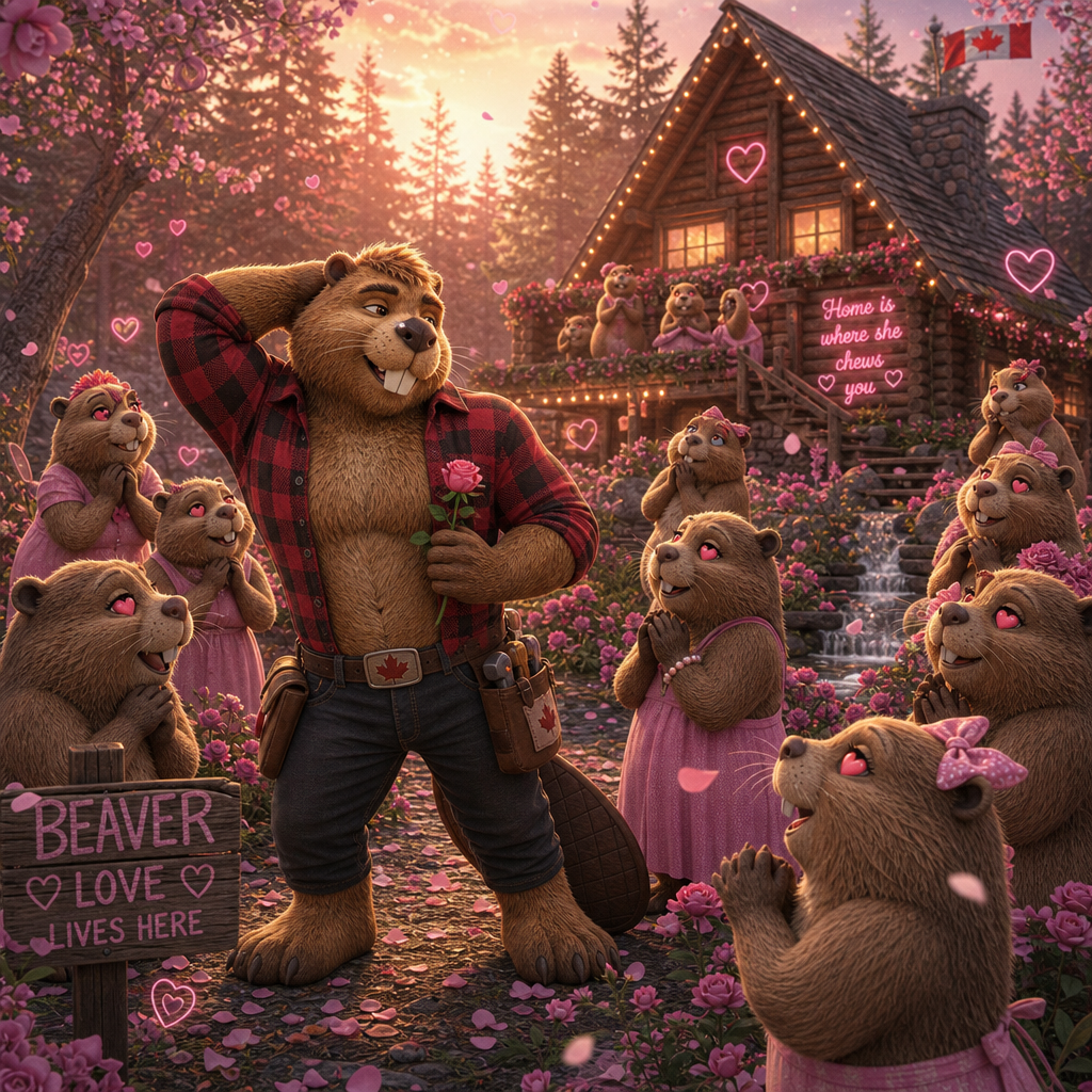 The Royal Canadian Beaver stands proudly on the restored lodge’s porch as a crowd of admiring lady beavers gathers below.